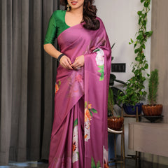 Pink Satin Georgette Saree with Bold Floral Prints & Matching Attached Blouse – Festive & Partywear Elegance