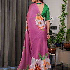 Pink Satin Georgette Saree with Bold Floral Prints & Matching Attached Blouse – Festive & Partywear Elegance