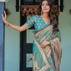 Teal Green Handloom Cotton Saree with Floral Print & Royal Bridal Procession Pallu
