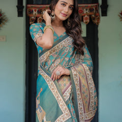 Teal Green Handloom Cotton Saree with Floral Print & Royal Bridal Procession Pallu