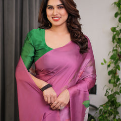 Pink Satin Georgette Saree with Bold Floral Prints & Matching Attached Blouse – Festive & Partywear Elegance