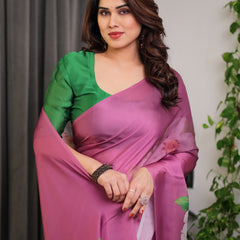 Pink Satin Georgette Saree with Bold Floral Prints & Matching Attached Blouse – Festive & Partywear Elegance