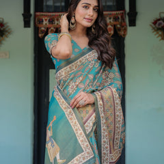 Teal Green Handloom Cotton Saree with Floral Print & Royal Bridal Procession Pallu