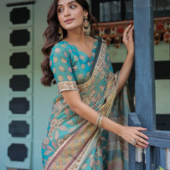 Teal Green Handloom Cotton Saree with Floral Print & Royal Bridal Procession Pallu