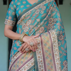 Teal Green Handloom Cotton Saree with Floral Print & Royal Bridal Procession Pallu