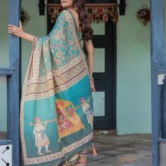 Teal Green Handloom Cotton Saree with Floral Print & Royal Bridal Procession Pallu