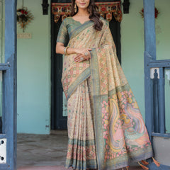 Beige Green Handloom Cotton Saree with Lotus Print & Colorful Peacock Pallu