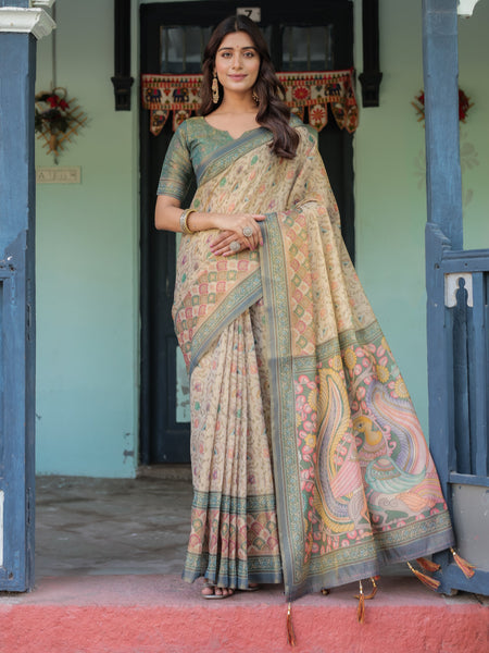 Beige Green Handloom Cotton Saree with Lotus Print & Colorful Peacock Pallu