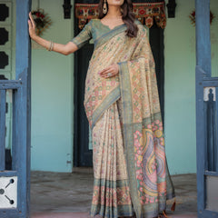 Beige Green Handloom Cotton Saree with Lotus Print & Colorful Peacock Pallu
