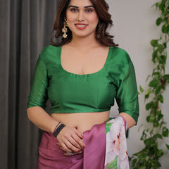 Pink Satin Georgette Saree with Bold Floral Prints & Matching Attached Blouse – Festive & Partywear Elegance