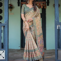 Beige Green Handloom Cotton Saree with Lotus Print & Colorful Peacock Pallu
