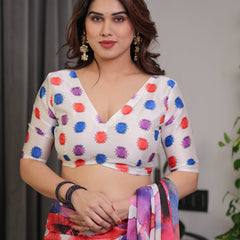 White Multicolor Watercolour Floral Print Satin Georgette Saree with Designer Attached Blouse – Premium Soft Flowing Fabric