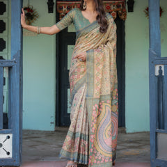 Beige Green Handloom Cotton Saree with Lotus Print & Colorful Peacock Pallu