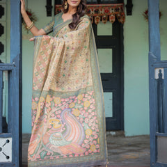 Beige Green Handloom Cotton Saree with Lotus Print & Colorful Peacock Pallu
