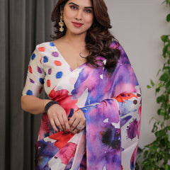White Multicolor Watercolour Floral Print Satin Georgette Saree with Designer Attached Blouse – Premium Soft Flowing Fabric