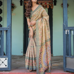 Beige Green Handloom Cotton Saree with Lotus Print & Colorful Peacock Pallu