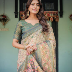 Beige Green Handloom Cotton Saree with Lotus Print & Colorful Peacock Pallu
