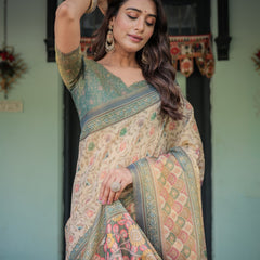 Beige Green Handloom Cotton Saree with Lotus Print & Colorful Peacock Pallu