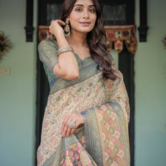 Beige Green Handloom Cotton Saree with Lotus Print & Colorful Peacock Pallu