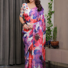 White Multicolor Watercolour Floral Print Satin Georgette Saree with Designer Attached Blouse – Premium Soft Flowing Fabric