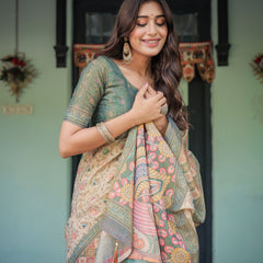 Beige Green Handloom Cotton Saree with Lotus Print & Colorful Peacock Pallu