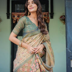 Beige Green Handloom Cotton Saree with Lotus Print & Colorful Peacock Pallu