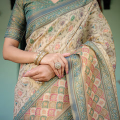 Beige Green Handloom Cotton Saree with Lotus Print & Colorful Peacock Pallu