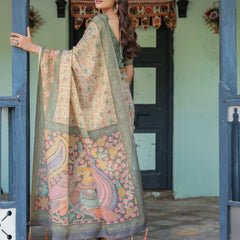 Beige Green Handloom Cotton Saree with Lotus Print & Colorful Peacock Pallu