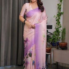 Blush Pink & Lavender Satin Georgette Floral Printed Saree with Attached Blouse – Soft Ombre Designer Saree for Festive & Elegant Wear