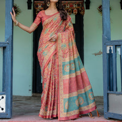 Terracotta Red Handloom Cotton Saree with Floral Vine Print & Dual-Toned Royal Motif Pallu