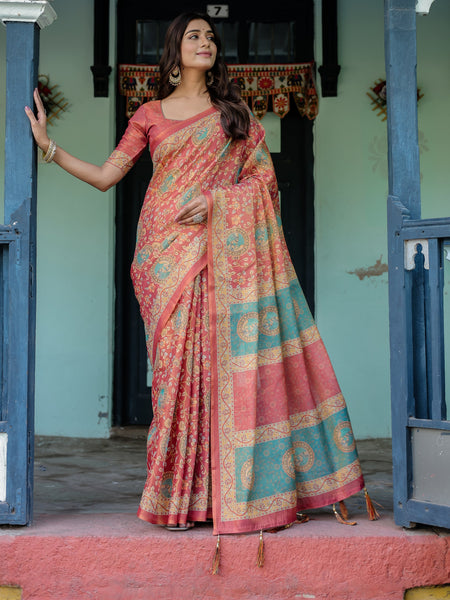 Terracotta Red Handloom Cotton Saree with Floral Vine Print & Dual-Toned Royal Motif Pallu
