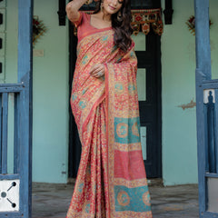 Terracotta Red Handloom Cotton Saree with Floral Vine Print & Dual-Toned Royal Motif Pallu