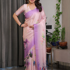 Blush Pink & Lavender Satin Georgette Floral Printed Saree with Attached Blouse – Soft Ombre Designer Saree for Festive & Elegant Wear