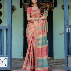 Terracotta Red Handloom Cotton Saree with Floral Vine Print & Dual-Toned Royal Motif Pallu