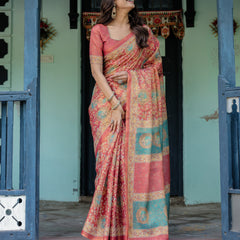 Terracotta Red Handloom Cotton Saree with Floral Vine Print & Dual-Toned Royal Motif Pallu