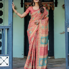 Terracotta Red Handloom Cotton Saree with Floral Vine Print & Dual-Toned Royal Motif Pallu