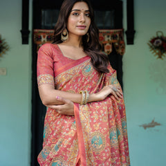 Terracotta Red Handloom Cotton Saree with Floral Vine Print & Dual-Toned Royal Motif Pallu