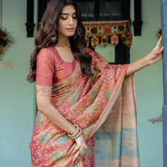 Terracotta Red Handloom Cotton Saree with Floral Vine Print & Dual-Toned Royal Motif Pallu