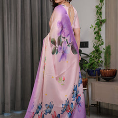 Blush Pink & Lavender Satin Georgette Floral Printed Saree with Attached Blouse – Soft Ombre Designer Saree for Festive & Elegant Wear