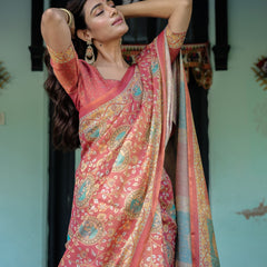 Terracotta Red Handloom Cotton Saree with Floral Vine Print & Dual-Toned Royal Motif Pallu