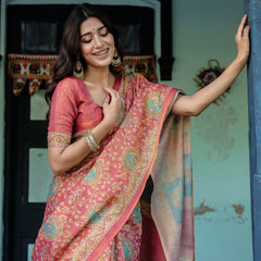 Terracotta Red Handloom Cotton Saree with Floral Vine Print & Dual-Toned Royal Motif Pallu