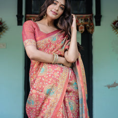 Terracotta Red Handloom Cotton Saree with Floral Vine Print & Dual-Toned Royal Motif Pallu