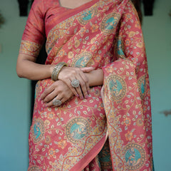 Terracotta Red Handloom Cotton Saree with Floral Vine Print & Dual-Toned Royal Motif Pallu