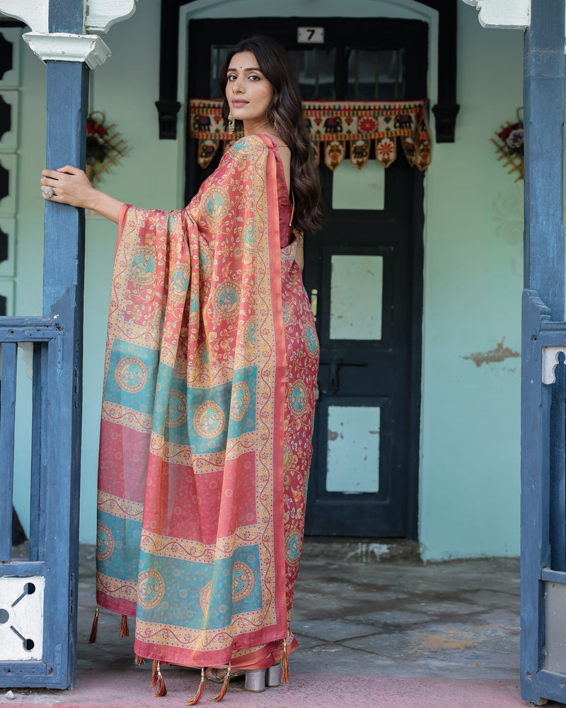 Terracotta Red Handloom Cotton Saree with Floral Vine Print & Dual-Toned Royal Motif Pallu