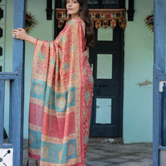 Terracotta Red Handloom Cotton Saree with Floral Vine Print & Dual-Toned Royal Motif Pallu