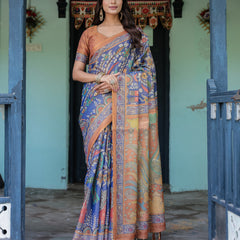 Royal Blue & Rust Handloom Cotton Saree with Bold Floral Print & Grand Peacock Pallu