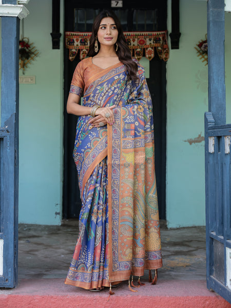 Royal Blue & Rust Handloom Cotton Saree with Bold Floral Print & Grand Peacock Pallu