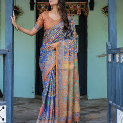 Royal Blue & Rust Handloom Cotton Saree with Bold Floral Print & Grand Peacock Pallu