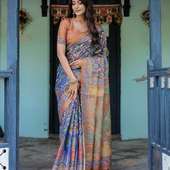 Royal Blue & Rust Handloom Cotton Saree with Bold Floral Print & Grand Peacock Pallu