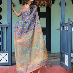 Royal Blue & Rust Handloom Cotton Saree with Bold Floral Print & Grand Peacock Pallu
